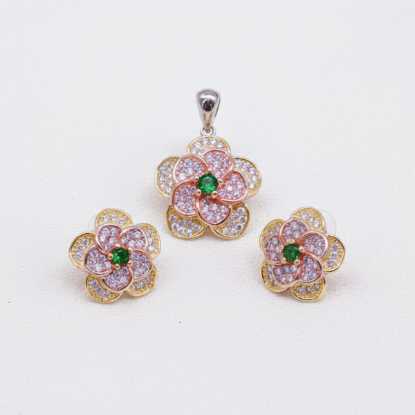 925 SILVER Blossom Pink Pavé Flower Set
